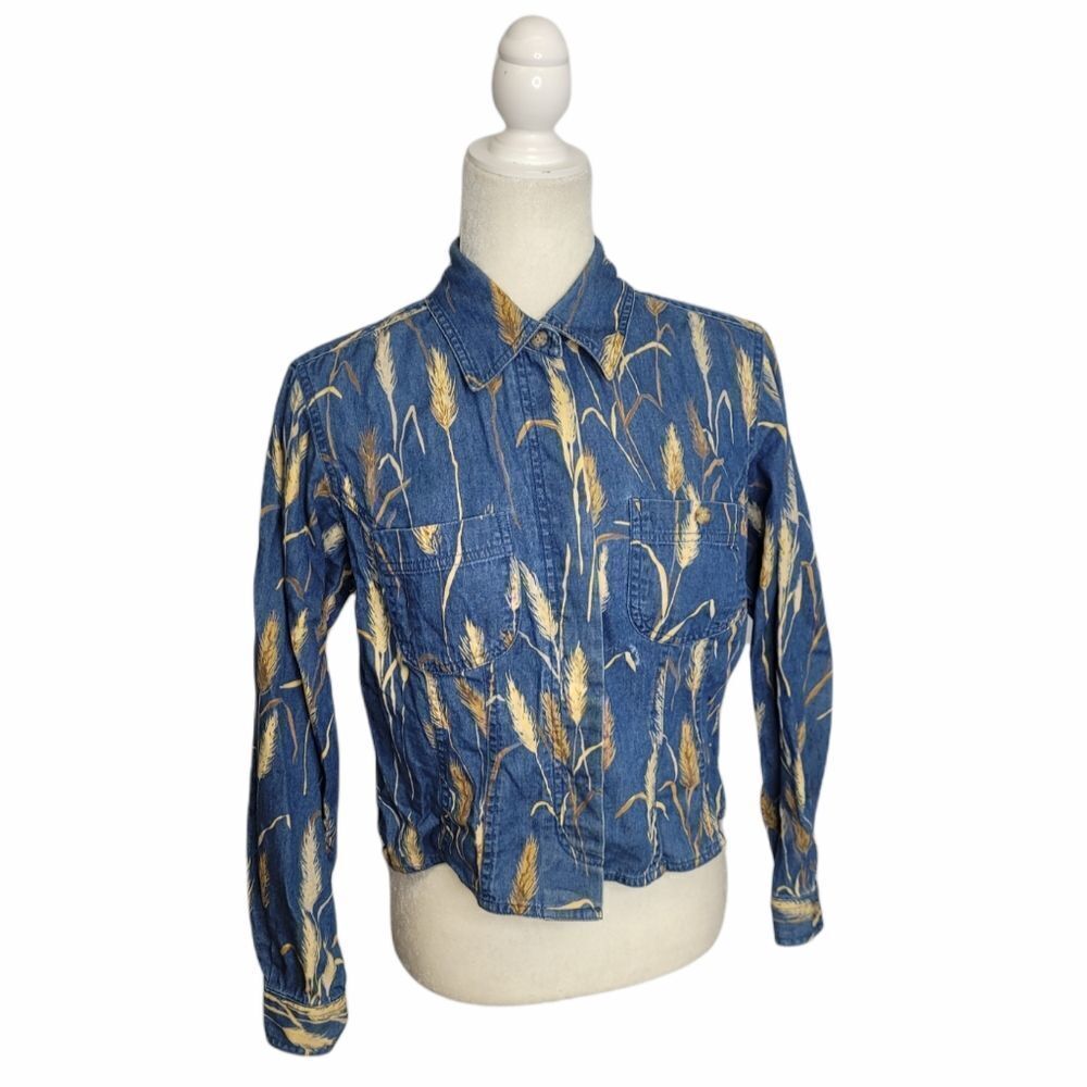 VINTAGE 90s shirt blue chambray wheat button up cotton‎ crop top S